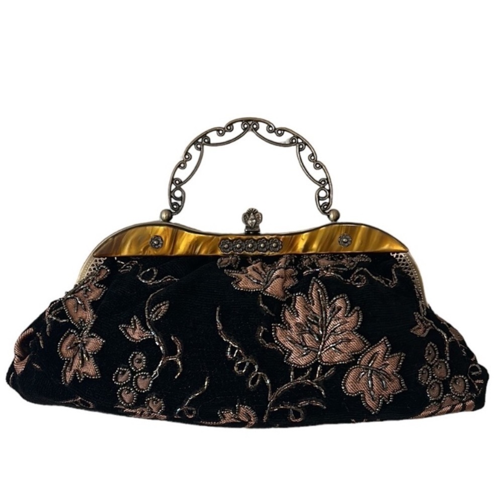 vintage grape leaf vine print clutch beaded optional shoulder chain crossbody